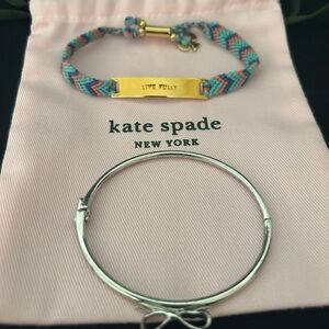 Kate Spade Blue and Pink Woven Bracelet with Gold Plate and Silver Bow Bangle